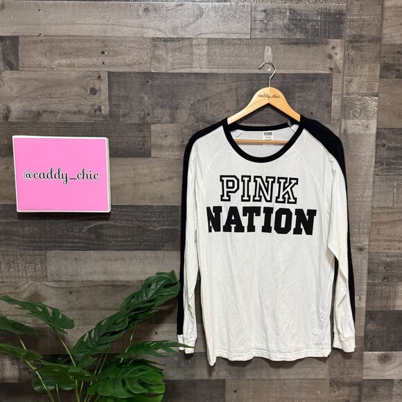 Victoria’s Secret PINK Nation Long Sleeve Tee White/Black Size M EUC - Picture 2 of 4